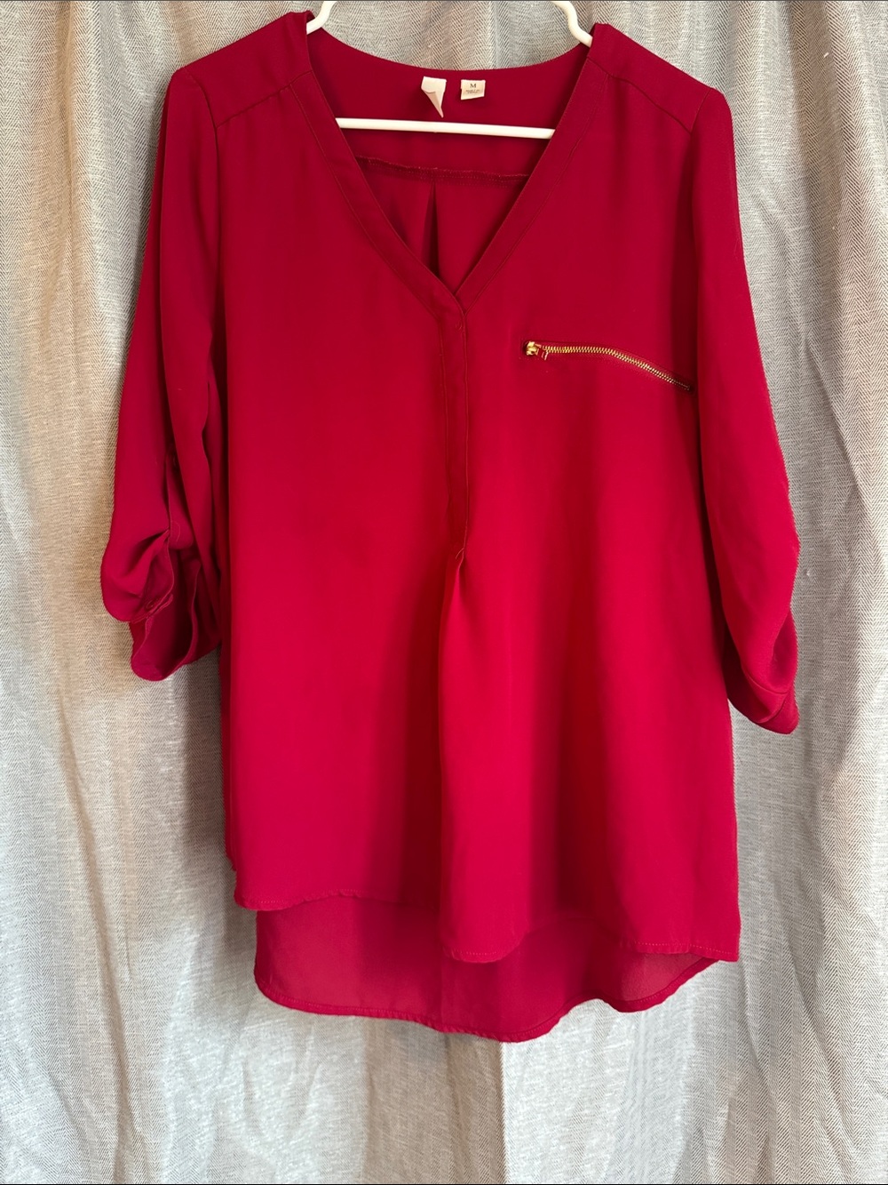 Tacera Red V-Neck Long Sleeve Blouse with Gold Zip Pocket